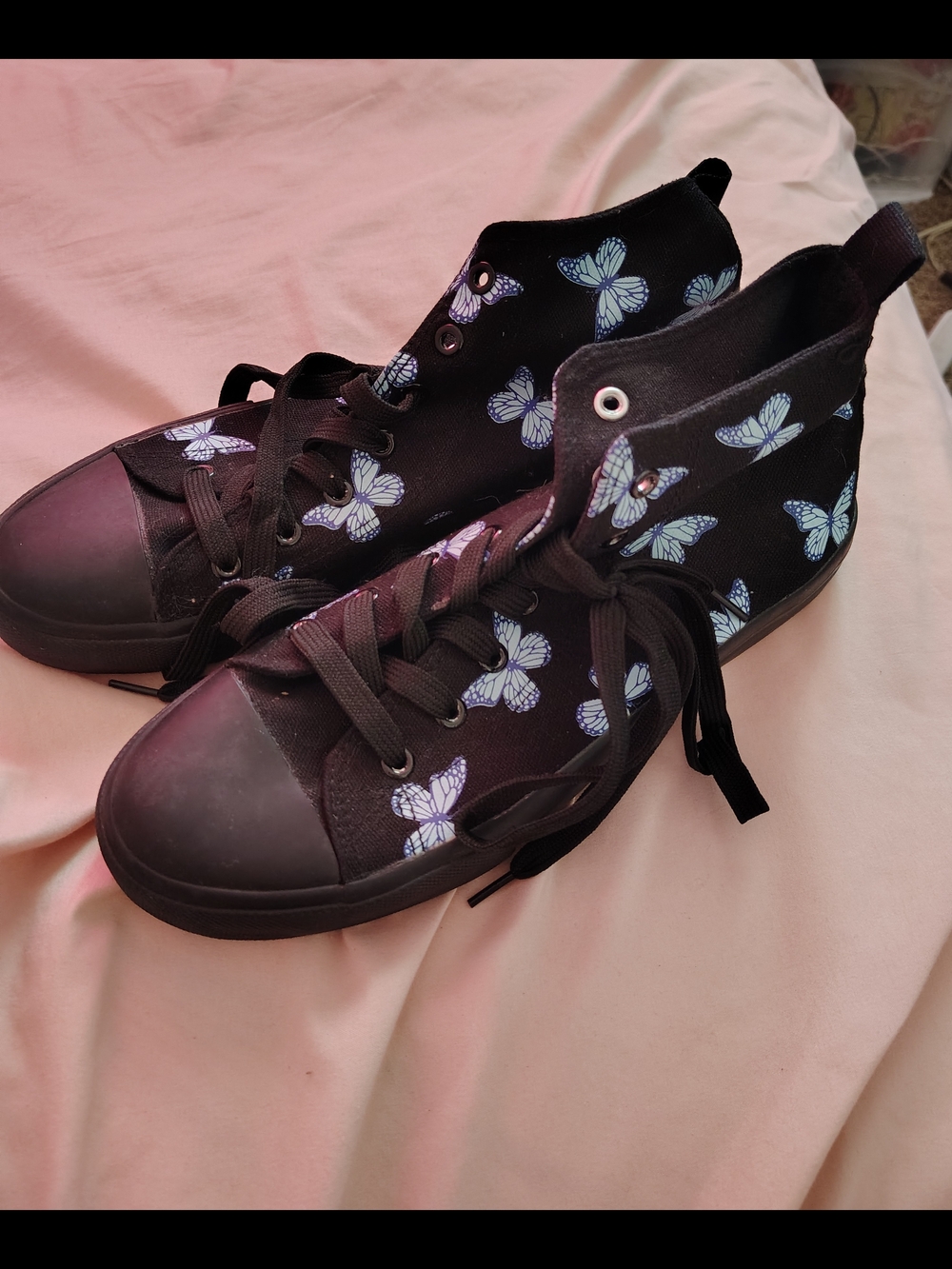 Black High-Top Sneakers with Light Blue Butterfly Print